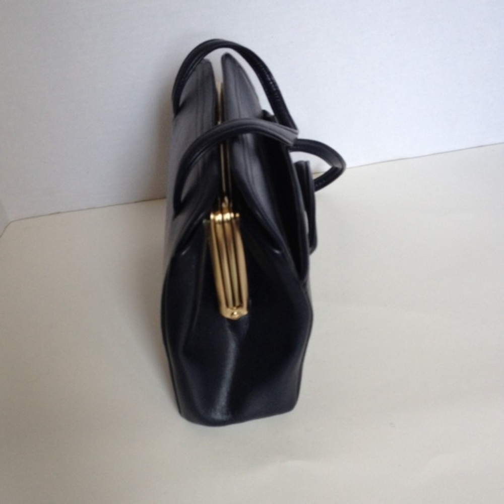 Vintage Navy Vegan Leather bag with Clasp Closure - Picture 2 of 7
